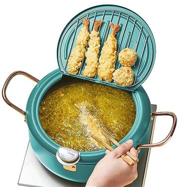 Imagem de Fritadeira funda yemirth, frigideira com termômetro tampa de frigideira de aço inoxidável japonês e escorredor de óleo para batatas fritas camarão asas de frango