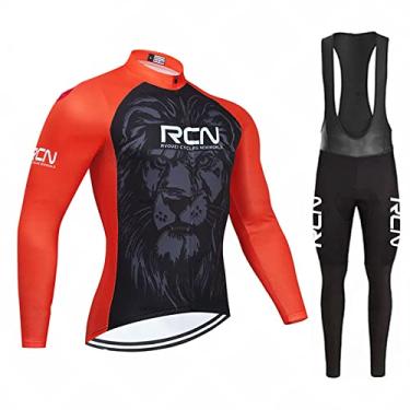 Imagem de Camisa masculina de ciclismo de inverno à prova de vento manga comprida + 3D acolchoada babador calça térmica de lã MTB terno de bicicleta quente, vermelho, PP (160 cm/53 kg)