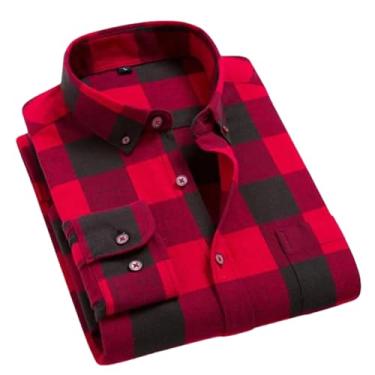 Imagem de Camisa xadrez masculina de flanela outono slim manga longa formal para negócios camisas quentes, T0c01024, 3G