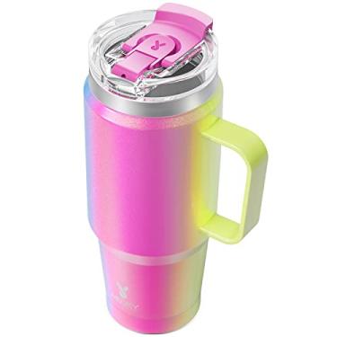 Imagem de Meoky Copo de 940 ml com alça e canudo, caneca de viagem de aço inoxidável com canudo 2 em 1 e tampa de gole, caneca de café isolada a vácuo, 100% à prova de vazamento, mantém frio por 24 horas,