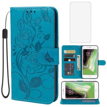 Imagem de Vavies Capa para iPhone 6 Plus, capa carteira para Apple 6 Plus com protetor de tela de vidro temperado, capa de couro floral com suporte para cartão de crédito para iPhone 6 Plus, azul