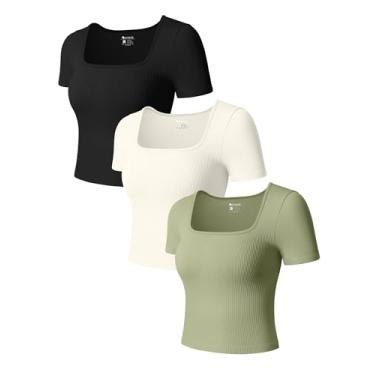 Imagem de OQQ Camisetas femininas de manga curta, gola quadrada, elástica, 3 peças, Preto, verde jade, bege, M