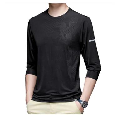 Imagem de Camisa esportiva masculina manga longa cor sólida camiseta atlética gola redonda respirável, Preto, XXG