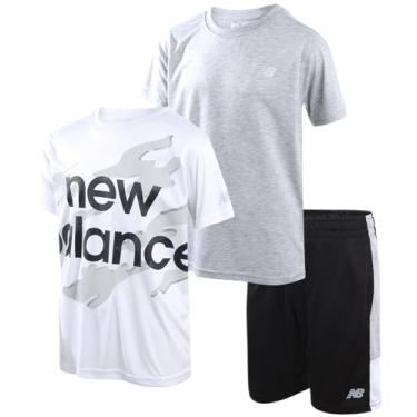 Imagem de New Balance Conjunto de shorts ativos para meninos - Camiseta de manga curta de 3 peças e shorts de desempenho - Roupa de verão para meninos (4-12), Oliva escura, 12