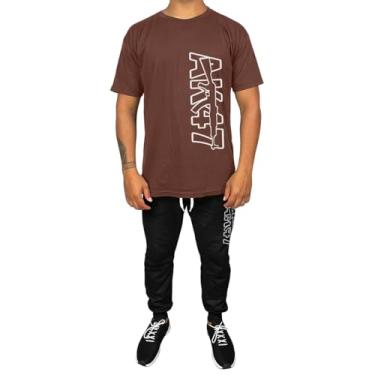 Imagem de Kit Conjunto Masculino Camiseta Algodão e Calça Moletom Casual Estampado Ak (Marrom, GG)