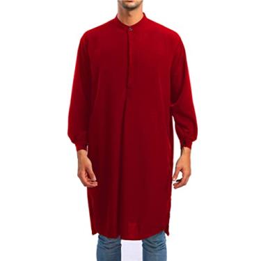 Imagem de Masculino Kaftan Robe manga longa algodão linho Thob lado Split Button Down Thobe camisa muçulmana,Red,L