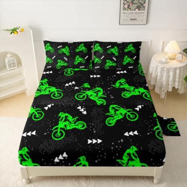Imagem de QOOMO Jogo de lençol de cima de microfibra para crianças, verde fluorescência, verde, preto, respirável, decoração de quarto Queen, 1 lençol com elástico, 1 lençol de cima, 2 fronhas