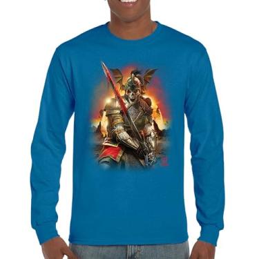 Imagem de Camiseta de manga comprida Apocalypse Reaper Fantasy Skeleton Knight with a Sword Medieval Legendary Creature Dragon Wizard, Azul, M