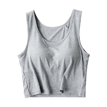 Imagem de Camiseta feminina de algodão, sutiã embutido, cor lisa, ajustável, alças finas, camisetas básicas respiráveis, Cinza, P