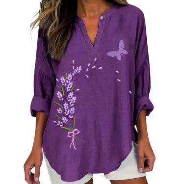 Imagem de Camisetas femininas Alzheimers Awareness de linho, gola V, mangas dobráveis, blusas estampadas com flores roxas, Roxa, G
