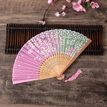 Imagem de YQHWLKJ Ventilador dobrável estilo chinês vintage, ventiladores de mão de pano de bambu, decoração de casa, presentes de casamento, festa de dança, ventiladores portáteis
