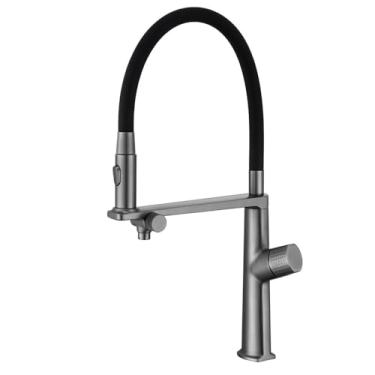 Imagem de Torneira de cozinha de latão cinza arma de luxo com 1 furo Alça dupla Controle duplo frio e quente, com água filtrada Torneira para pia de duas funções, cinza escovado