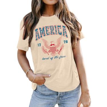 Imagem de 4th of July Shirts Camiseta feminina patriótica 1776 bandeira americana águia gráfica camisetas casuais do Dia da Independência, Creme, M