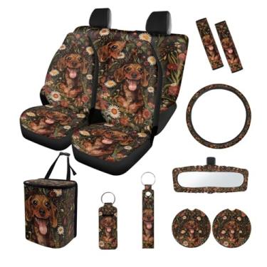 Imagem de Suobstales Dachshund Capas de assento de carro com estampa de margarida para mulheres conjunto completo de capa de volante de carro / capa de cinto de segurança/lata de lixo de carro/capa de espelho