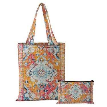 Imagem de Watbro 2 peças de sacola de lona étnica antiga e bolsa de maquiagem estética para mulheres, boho vintage reutilizável pano algodão sacos, Laranja Hobo Style1, Tote Bag + Make Up Bag