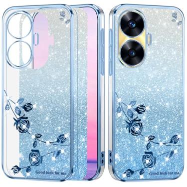 Imagem de Yarxiawin Capa para celular Realme C55 transparente com glitter brilhante, luxuosa, Realme C55, silicone, TPU, flor macia, transparente, à prova de choque, roxa, fina (azul)