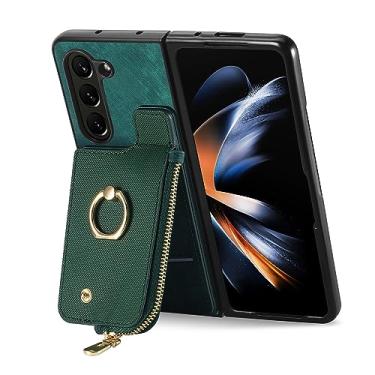 Imagem de HAO RIYLN Capa flip para smartphone para Samsung Galaxy Z Fold 6, capa de telefone carteira de couro com zíper slot para cartão capa de suporte de metal, verde, Z Fold 6