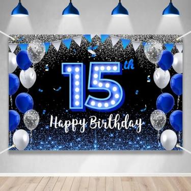 Imagem de Grande faixa de fundo feliz aniversário de 15 anos decoração tema azul preto com luz neon azul brilhante moda festa de aniversário foto fotografia estande fundo para meninos meninas celebração 250x165
