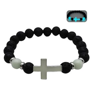 Imagem de GYRMMUE Pulseira luminosa gótica, pulseira de cruz preta vintage natural vulcânica pulseira de contas feita à mão para homens, Large, Pedra, Miçangas