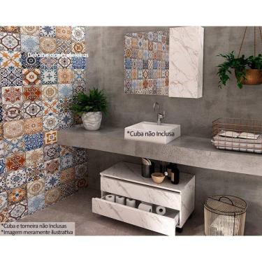 Imagem de Conjunto de Banheiro Balcão c/ Rodizios BN3603 s/ Cuba 80cm e Armário c/ Espelho BN3602 cor Mármore Branco - Tecno Mobili