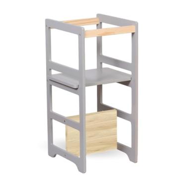 Imagem de CasaDecoratta Torre de Aprendizagem Montessoriana Regula Altura Criança 4 em 1, Madeira Pinus e MDF Laqueado, Cinza