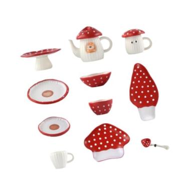 Imagem de oshhni Bonecas Cogumelo Talheres Simulação Brincar Pratos 1:6 Escala Cozinha Comida Brinquedo para Crianças Micro Paisagem Decoração Interior, Vermelho