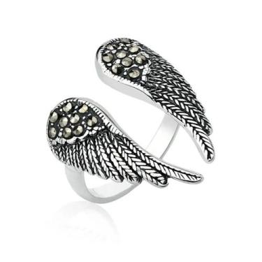 Imagem de Anel Asa De Anjo Prata 925 Maciça Com Marcassitas Ajustável - Anels Jo