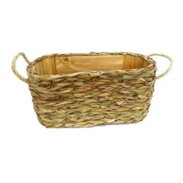 Imagem de Vaso Cachepô Madeira Palha Com Alça Oval Rustico 33x16x15 - FLORA FULL