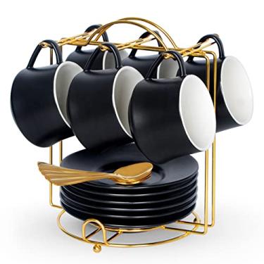 Imagem de Lareina Conjunto de 6 xícaras de cappuccino de porcelana de 200 ml, xícaras de café empilháveis com pires, colheres e suporte de metal para bebidas de café especiais, cappuccino, latte, americano e