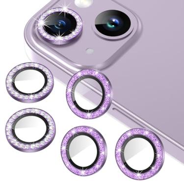 Imagem de AGVEE 3 + 3 para iPhone 14 de 6,1 polegadas/14 Plus de 6,7 polegadas, anel de metal brilhante de diamante e glitter 9H protetor de tela de vidro temperado HD para câmera de vidro temperado 9H, roxo