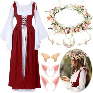Imagem de Bonuci Vestido feminino renascentista fantasia medieval feminina com orelhas de elfo, corrente de cabeça de lua e coroa de fada da floresta para o Halloween (mangas compridas vermelho vinho, pequeno/médio)