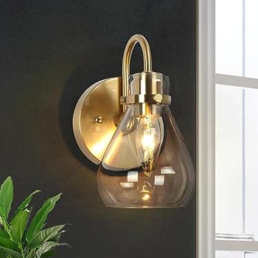 Imagem de GEPOW Arandelas douradas, arandela de parede moderna de 1 luz com sombra de vidro transparente, luminária de latão galvanizado para banheiro, quarto, sala de estar e escada