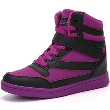 Imagem de UBFEN Tênis feminino de cano alto, suporte no tornozelo, cor vibrante, salto cunha, retrô, anos 80, para meninas, cosplay, palmilha removível, botas de mochila, B Preto Roxo, 40