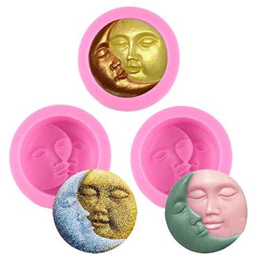 Imagem de Moldes de sabonete de silicone para sol e lua, 3 peças, molde de sabonete de silicone para rosto e lua crescente, faça você mesmo, barra de loção caseira, moldes de argila de polímero, chocolate, doces para decoração de bolos