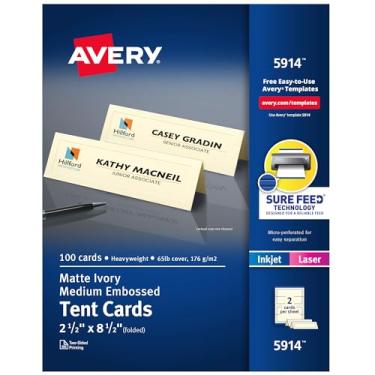 Imagem de Avery Cartões de barraca imprimíveis com tecnologia Sure Feed, 6,3 cm x 21,6 cm, marfim com borda em relevo, 100 cartões em branco para impressoras a laser ou jato de tinta (5914)