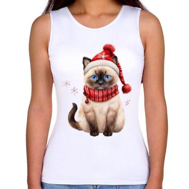 Imagem de Regata Feminina Gato Natalino Gorro e Cachecol - Foca na Moda, Branco,