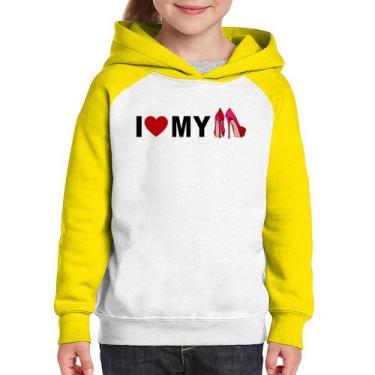 Imagem de Moletom Infantil I Love My Shoes - Foca na Moda, Branco, Amarelo, 2