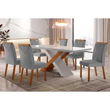 Imagem de Sala De Jantar Completa Imperatriz Tampo Madeirado C- Vidro Reto 180x90 E 6 Cadeiras Amsterdã Imbuia-off White - Veludo Grafite - Rufato