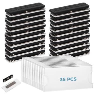 Imagem de 35 etiquetas magnéticas para nome, 7,6 x 3,3 cm, crachás magnéticos magnéticos em branco, emblemas imprimíveis por sublimação de calor com fixadores magnéticos para jaquetas, camisas