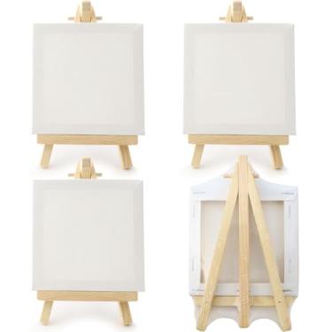 Imagem de WYBG 4 Peças Mini Telas para Pintura com Conjunto de Cavalete, 3 X 3" Esticadas Painéis de Tela Em Branco Branco Cavaletes de Madeira Pequena Tela com Cavalete Pequena Tela para Adultos Crianças