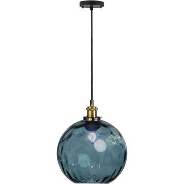 Imagem de Luz pendente esférica vintage industrial, abajur de bola de vidro colorido de 20 cm em ondulação de água, barra de loft retrô E27 lâmpada suspensa de teto com acabamento em bronze, azul escu
