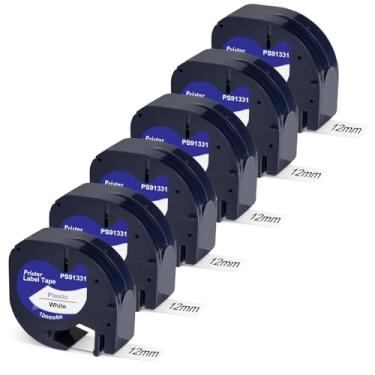 Imagem de Pristar Fita de substituição de etiqueta compatível para recargas Dymo LetraTag 91331 fita de etiqueta plástica para fabricante de etiquetas Dymo LetraTag LT-100H LT-100T Plus QX50, 12 mm x 4 m (1/2" x 13') preto sobre branco, pacote com 6