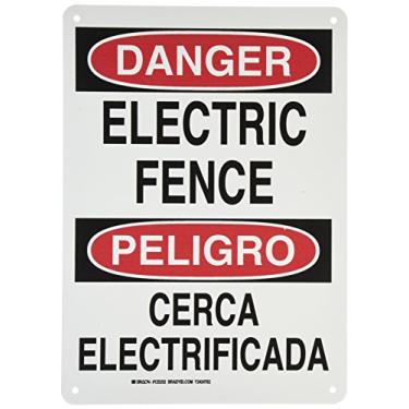 Imagem de Brady Placa bilíngue 125202, legenda "Cerca elétrica/Cerca Electrificada", 35,5 cm de altura, 25,4 cm de largura, preto e vermelho em branco