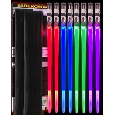 Imagem de Saber Chops pauzinhos de sabre de luz acendem, pauzinhos de Star Wars, iluminam mini sabre de luz divertido chop pauzinhos legais, carrapatos de luz, pauzinhos de led, 4 pares, vermelho azul