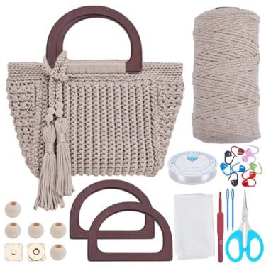 Imagem de INFUNLY Kit de bolsa de crochê DIY para iniciantes e adultos, conjunto de crochê com tutoriais em vídeo passo a passo, kit de iniciante de crochê com borlas, alça de madeira, kit de bolsa de crochê