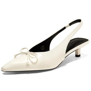 Imagem de Coutgo Sapato social feminino Slingback Kitten de salto baixo fechado bico fino gravata borboleta sem cadarço para trabalho de escritório, Branco cremoso., 39