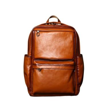 Imagem de Mochila masculina de couro genuíno, bolsa retrô de couro casual para computador, bolsa de viagem fashion para homens(Orange)