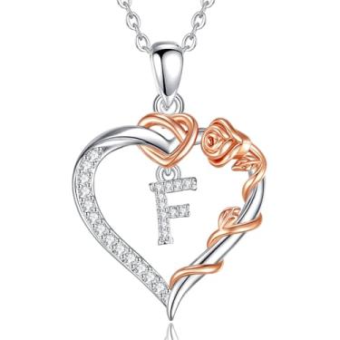 Imagem de Vito Colar de coração banhado a prata cobre com inicial com zircônia cúbica para mulheres, pingente de flor de ouro rosa letra F coração A a Z joias personalizadas presentes, 45,7 cm + 5 cm corrente
