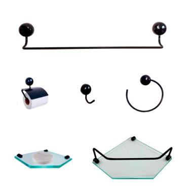Imagem de Kit Para Banheiro Gana Premium Preto Vidro Sextavado Incolor - J.A