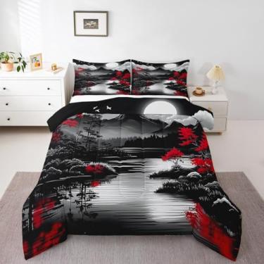 Imagem de Erosebridal Conjunto de edredom Queen estilo japonês, vermelho e preto com tema oriental para crianças e adultos, conjunto de edredom com 2 fronhas, decoração de quarto